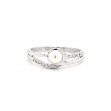 Faith Sterling Silver Pearl Solitaire with Part Plain Part CZ Twist Surround Ring