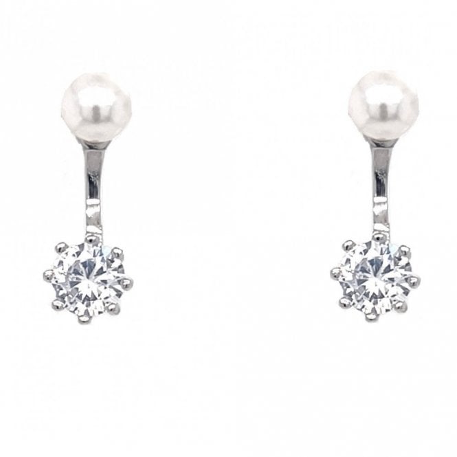 Faith Sterling Silver  Pearl Stud with Single Stone Drop Bar Earrings 0.5 x 1.5cm