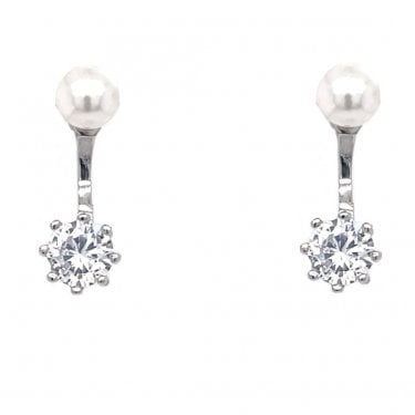 Faith Sterling Silver Pearl Stud with Single Stone Drop Bar Earrings 0.5 x 1.5cm