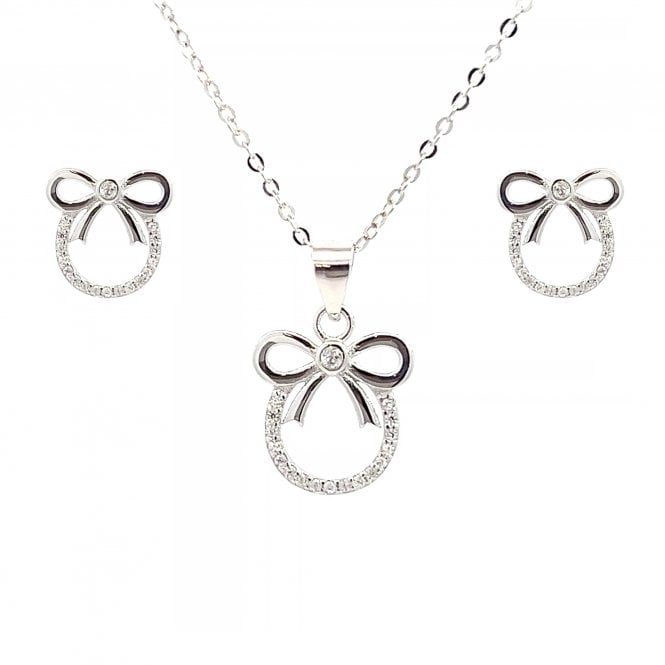 Faith Sterling Silver  Plain Bow and CZ Circle Necklace & Earrings Set 0.9 x 1cm, 1.2 x 1.3cm 16-18