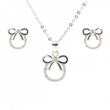 Faith Sterling Silver Plain Bow and CZ Circle Necklace & Earrings Set 0.9 x 1cm, 1.2 x 1.3cm 16-18"