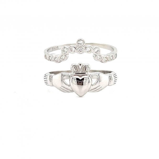 Faith Sterling Silver  Plain Claddagh Ring & CZ Rubover Scatter Wishbone Ring Set