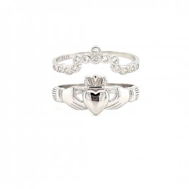 Faith Sterling Silver Plain Claddagh Ring & CZ Rubover Scatter Wishbone Ring Set