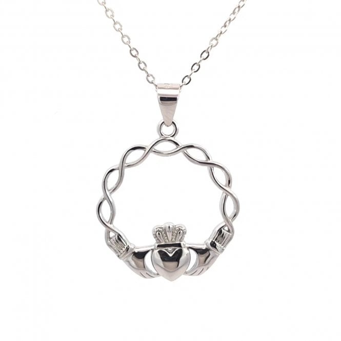 Faith Sterling Silver  Plain Claddagh with Celtic Knot Detail Necklace 2 x 2cm, 16-18