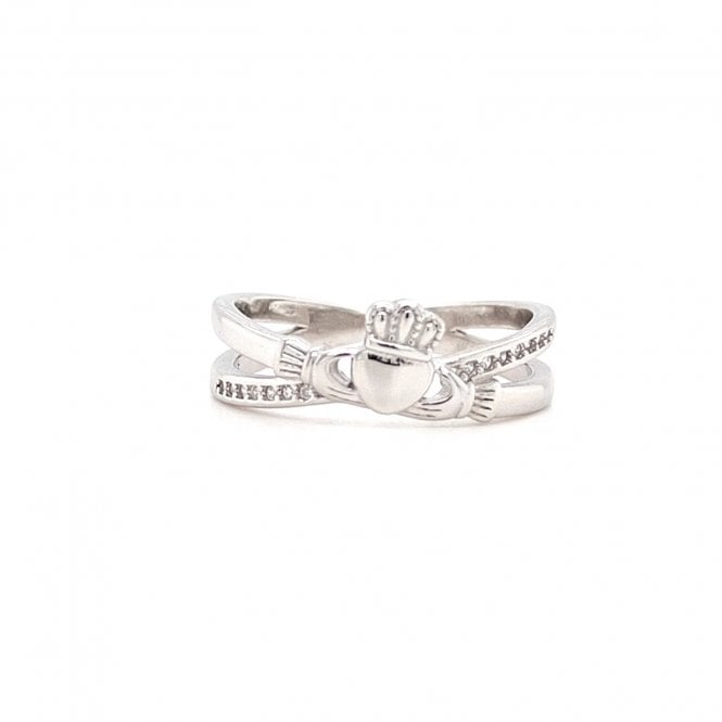 Faith Sterling Silver  Plain Claddagh with CZ Crossover Ring
