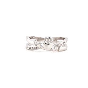 Faith Sterling Silver Plain Claddagh with CZ Crossover Ring