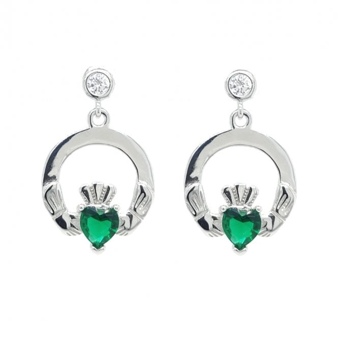 Faith Sterling Silver  Plain Claddagh with Green CZ Drop Earrings 1.4 x 1.8cm
