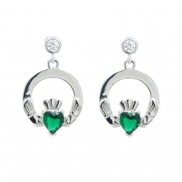 Faith Sterling Silver Plain Claddagh with Green CZ Drop Earrings 1.4 x 1.8cm