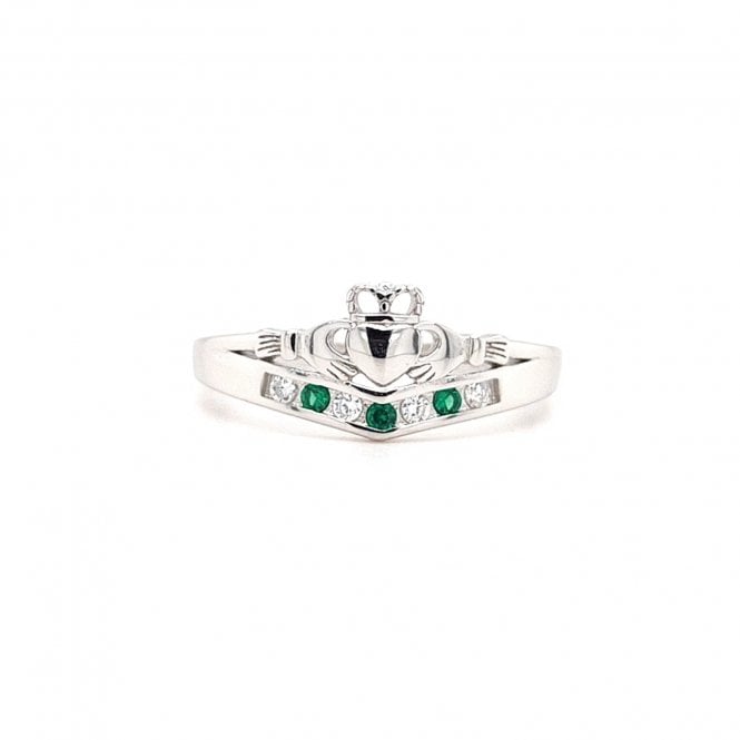 Faith Sterling Silver  Plain Claddagh with White & Green CZ Wishbone Ring 
