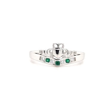 Faith Sterling Silver Plain Claddagh with White & Green CZ Wishbone Ring 