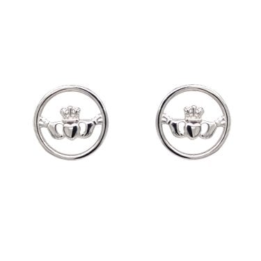 Faith Sterling Silver Plain Claddagh within Circle Stud Earrings 1 x 1cm
