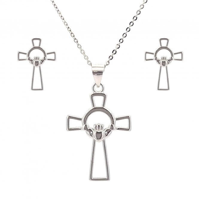 Faith Sterling Silver  Plain Claddagh within Cross Necklace & Earrings Set 0.8 x 1.1cm, 2 x 2.2cm, 16-18