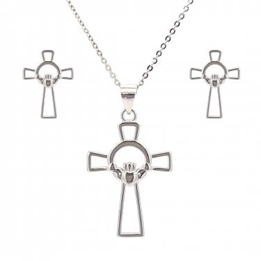 Faith Sterling Silver Plain Claddagh within Cross Necklace & Earrings Set 0.8 x 1.1cm, 2 x 2.2cm, 16-18"