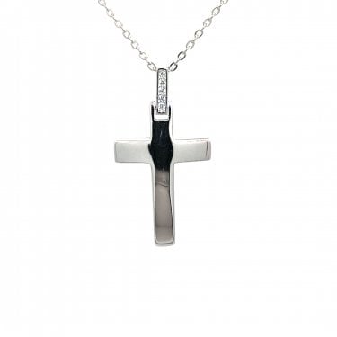 Faith Sterling Silver Plain Cross with CZ Top Bar Necklace 1.6 x 2.8cm, 16-18"