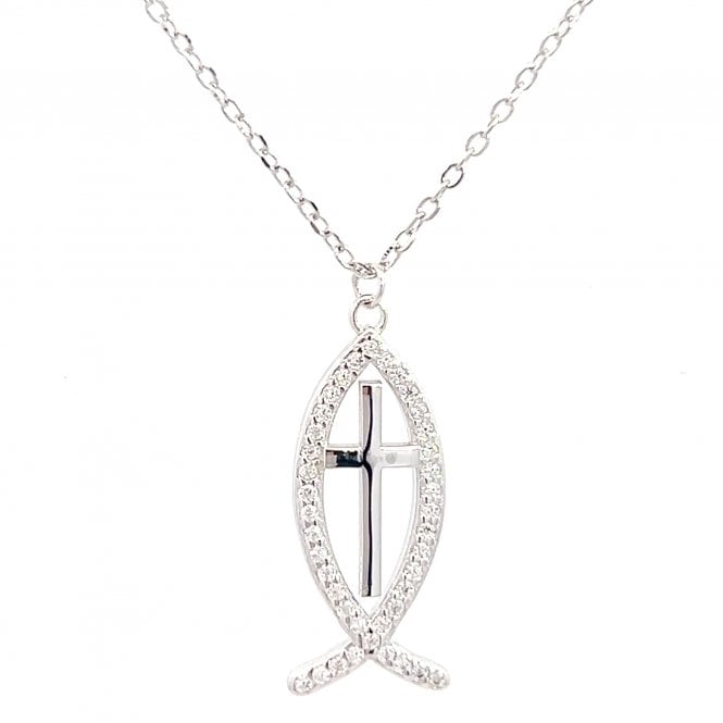 Faith Sterling Silver  Plain Cross within CZ Fish Symbol Necklace 0.9 x 2.1cm, 16-18