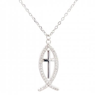 Faith Sterling Silver Plain Cross within CZ Fish Symbol Necklace 0.9 x 2.1cm, 16-18"