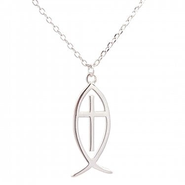 Faith Sterling Silver Plain Cross within Fish Symbol Necklace 0.9 x 2cm, 16-18"