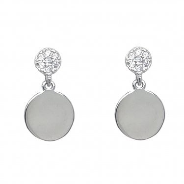 Faith Sterling Silver Plain CZ Cluster with Plain Circle Disc Drop Earrings 1 x 1.5cm