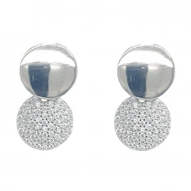Faith Sterling Silver Plain Disc & Pave Disc Drop Earrings 1 x 1.8cm