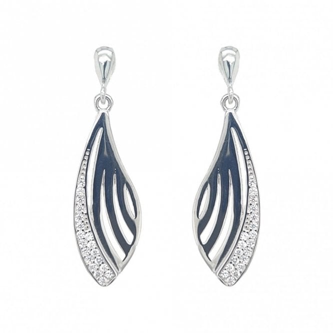 Faith Sterling Silver  Plain Fan Shape Drop with Double CZ Edge Earrings 1 x 3.2cm