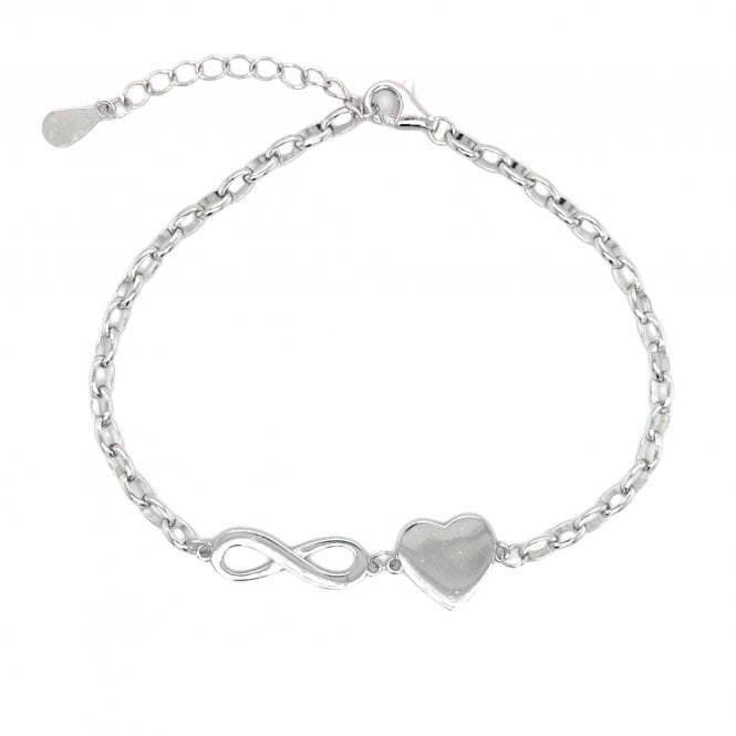 Faith Sterling Silver  Plain Infinity & Heart Belcher Link Bracelet 1.7 x 0.5cm, 1 x 1cm, 17cm + 3cm