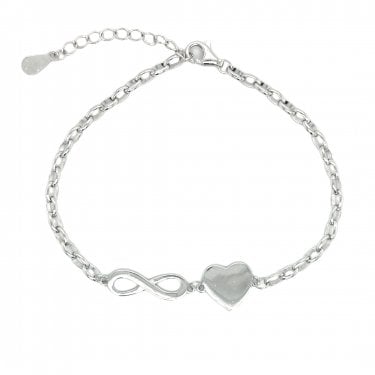 Faith Sterling Silver Plain Infinity & Heart Belcher Link Bracelet 1.7 x 0.5cm, 1 x 1cm, 17cm + 3cm