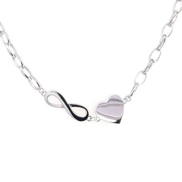 Faith Sterling Silver Plain Infinity & Heart Belcher Link Necklace 1.7 x 0.5cm, 1 x 1cm, 16-18"