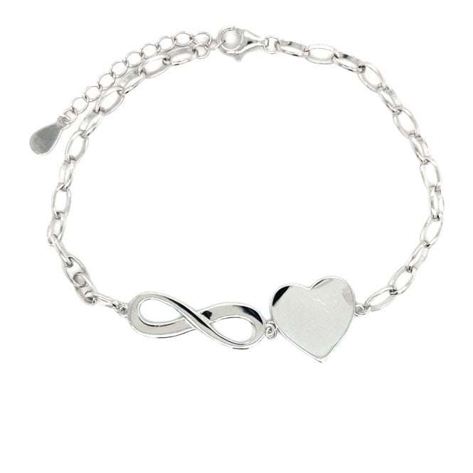 Faith Sterling Silver  Plain Large Infinity & Heart Belcher Link Bracelet 2.2 x 0.7cm, 1.4 x 1.3cm, 17cm + 3cm