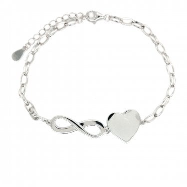 Faith Sterling Silver Plain Large Infinity & Heart Belcher Link Bracelet 2.2 x 0.7cm, 1.4 x 1.3cm, 17cm + 3cm