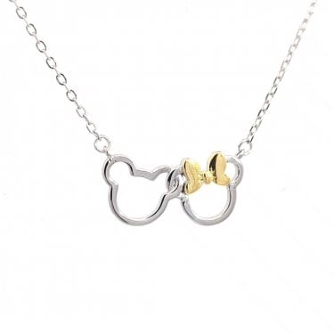 Faith Sterling Silver Plain Mickey & Minnie Outline with Gold Tone Bow Necklace 1.8 x 0.9cm, 16-18"