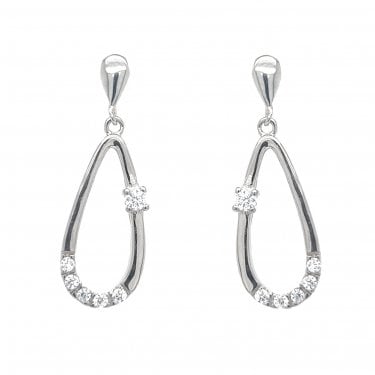 Faith Sterling Silver Plain Open Oblong with 1 Side CZ & 5 Bottom CZ Drop Earrings 1 x 2.8cm