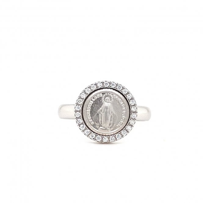 Faith Sterling Silver  Plain Round Miraculous Medal with CZ Surround Ring 