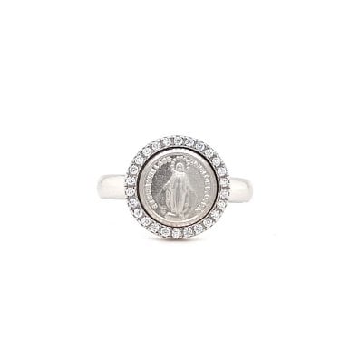 Faith Sterling Silver Plain Round Miraculous Medal with CZ Surround Ring 