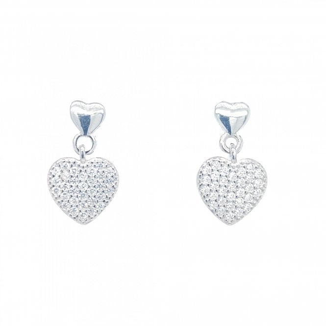 Faith Sterling Silver  Plain Stud with Pave Heart Drop Earrings 1.4 x 0.8cm 