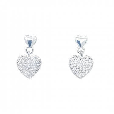 Faith Sterling Silver Plain Stud with Pave Heart Drop Earrings 1.4 x 0.8cm 