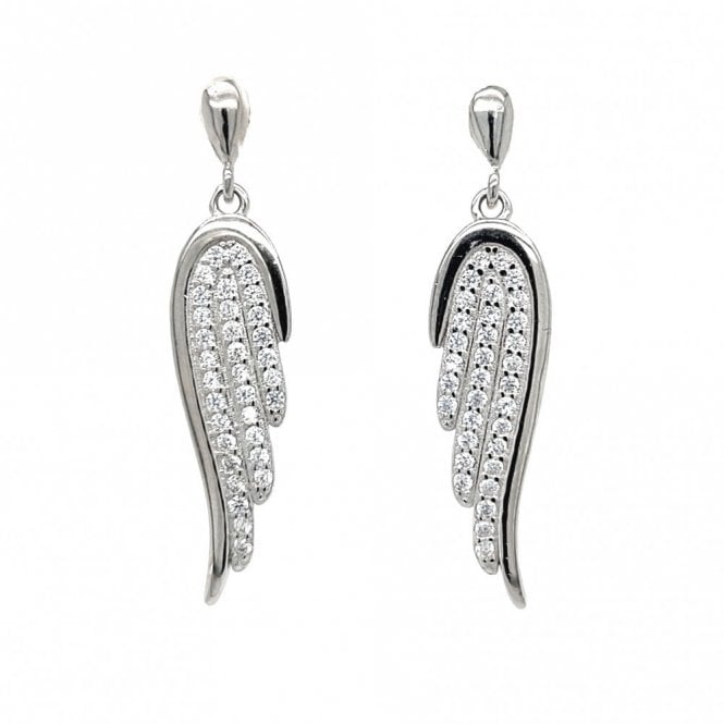 Faith Sterling Silver  Plain Stud with Rubover Edge & Pave Wing Drop Earrings 3.5 x 0.8cm 