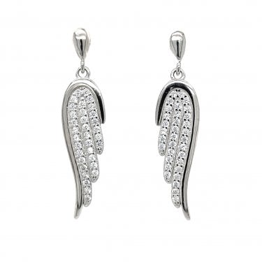 Faith Sterling Silver Plain Stud with Rubover Edge & Pave Wing Drop Earrings 3.5 x 0.8cm 