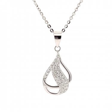 Faith Sterling Silver Plain Teardrop with Entwined Part CZ Teardrop Necklace 15x5mm, 16-18"
