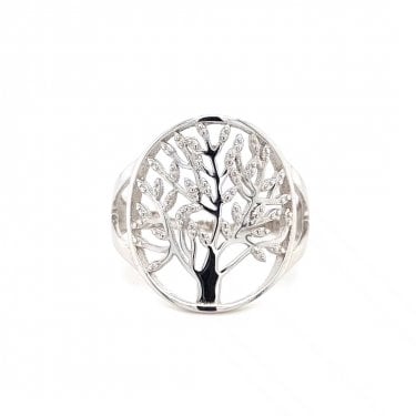Faith Sterling Silver Plain Tree of Life with Beaded Leaves Ring