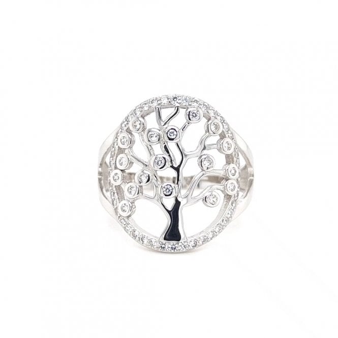 Faith Sterling Silver  Plain Tree of Life with CZ Leaves & CZ Surround Ring