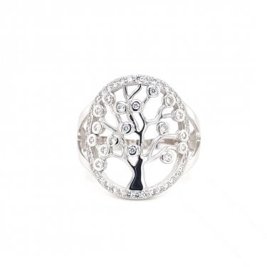Faith Sterling Silver Plain Tree of Life with CZ Leaves & CZ Surround Ring