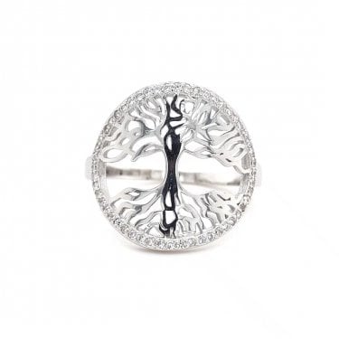 Faith Sterling Silver Plain Tree of Life with CZ Surround Ring