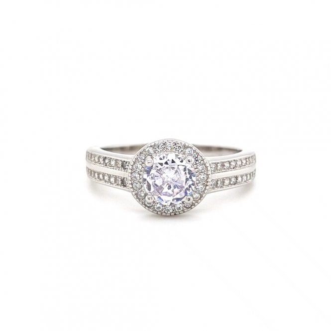 Faith Sterling Silver  Round Centre with CZ Halo & Double CZ Shoulders Ring