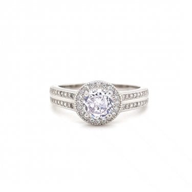 Faith Sterling Silver Round Centre with CZ Halo & Double CZ Shoulders Ring