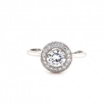 Faith Sterling Silver Round Claw Set Centre with CZ Beaded Rubover Halo Ring