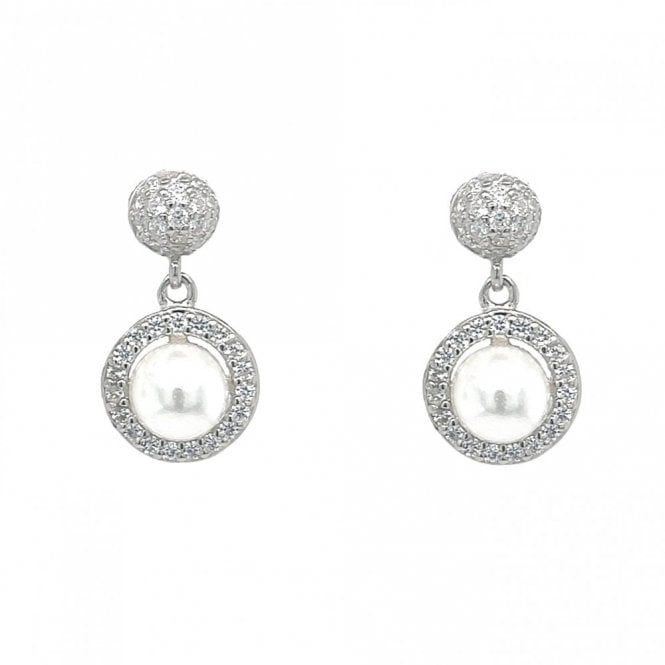 Faith Sterling Silver  Round Cluster Stud with Single Pearl in Floating CZ Halo Drop Earrings 1 x 1.6cm
