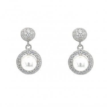 Faith Sterling Silver Round Cluster Stud with Single Pearl in Floating CZ Halo Drop Earrings 1 x 1.6cm