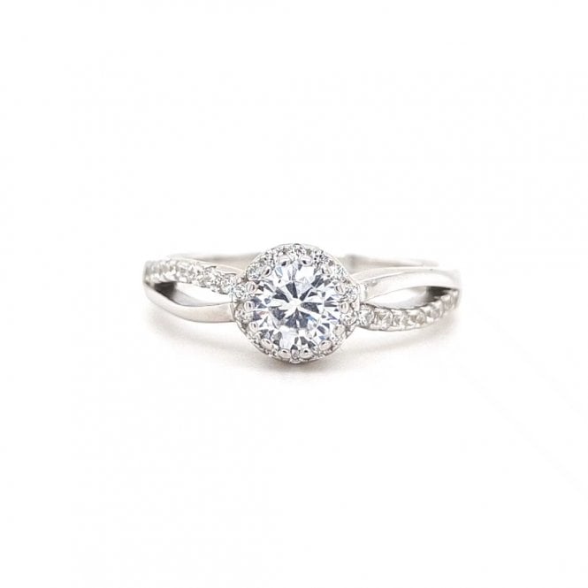 Faith Sterling Silver  Round CZ Halo with Split Half Plain Half CZ Shoulders Ring