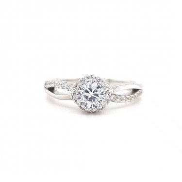 Faith Sterling Silver Round CZ Halo with Split Half Plain Half CZ Shoulders Ring