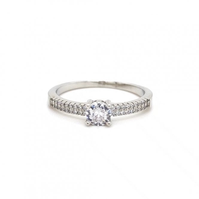 Faith Sterling Silver  Round CZ Solitaire with Double CZ Shoulders Ring